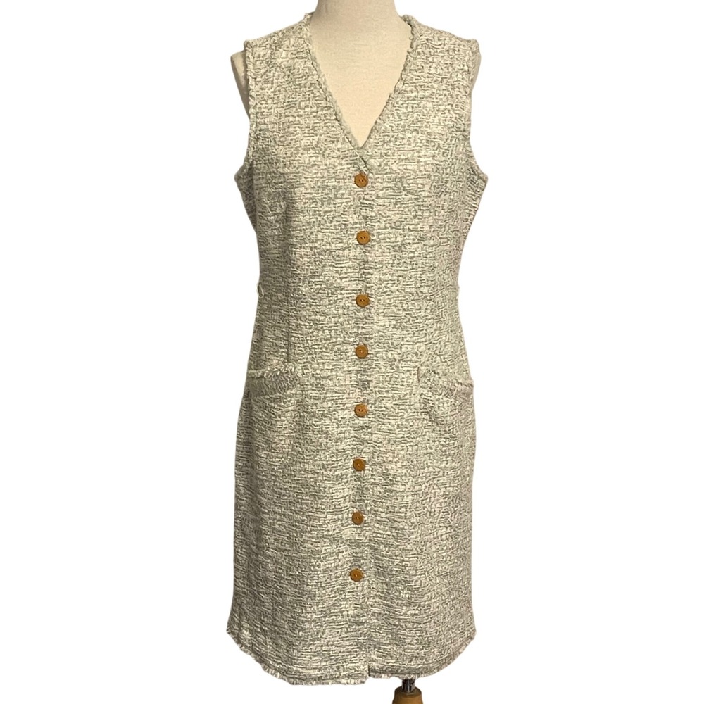 J.McLaughlin‎ Womens Sleeveless Button Front Tweed Dress Size 10 Faded Green